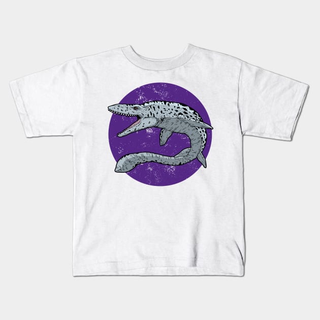 Mosasaurus on Purple Circle Kids T-Shirt by danchampagne